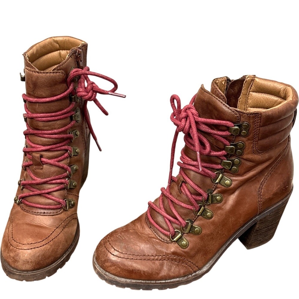 Vtg Lucky Brown Leather Lug Sole Lace Up Ankle Boots 7 Festival Indie Boho Y2K